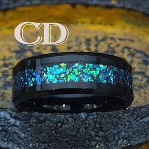 Men's Real Black Tungsten Wedding Ring With Green and Blue galaxy Opal Inlays